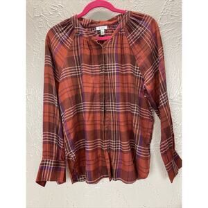 Susina Orange Maroon Flannel Plaid Button Down Raglan Blouse Shirt Size Small